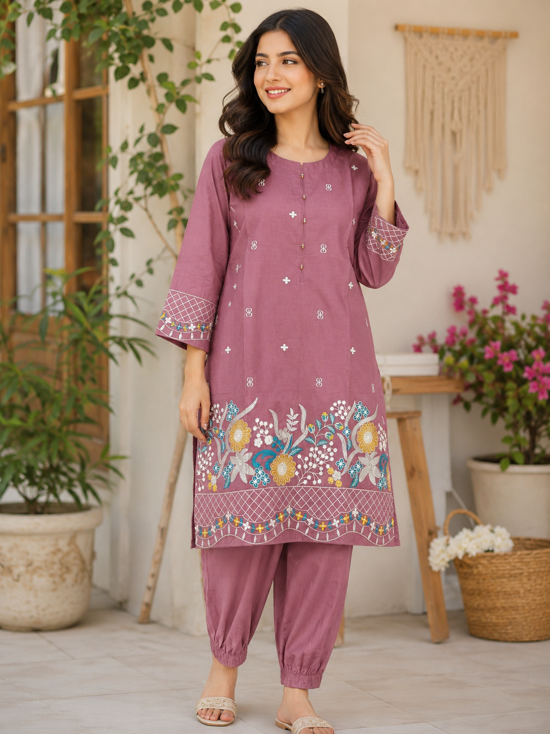 Rose Blossom Embroidered 2-Piece Suit