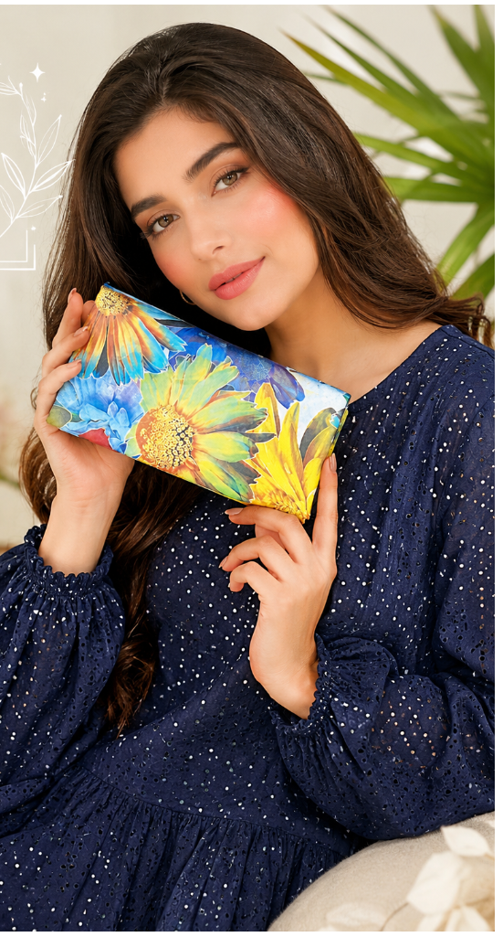 Floral Elegance Women's Embroidered Lawn Dress – Navy Blue