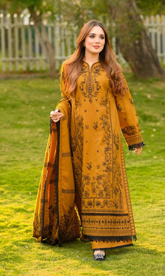 Mustard Yellow Embroidered Lawn 3-Piece Suit with Printed Monar Dupatta