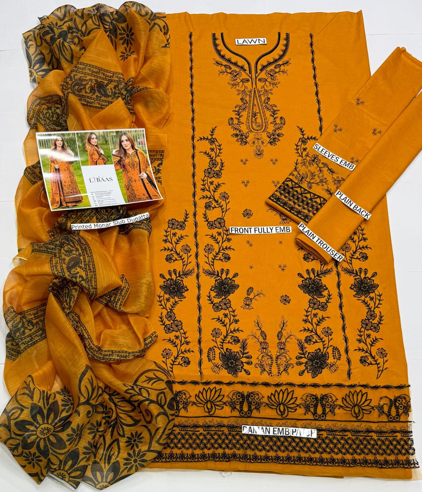 Mustard Yellow Embroidered Lawn 3-Piece Suit with Printed Monar Dupatta