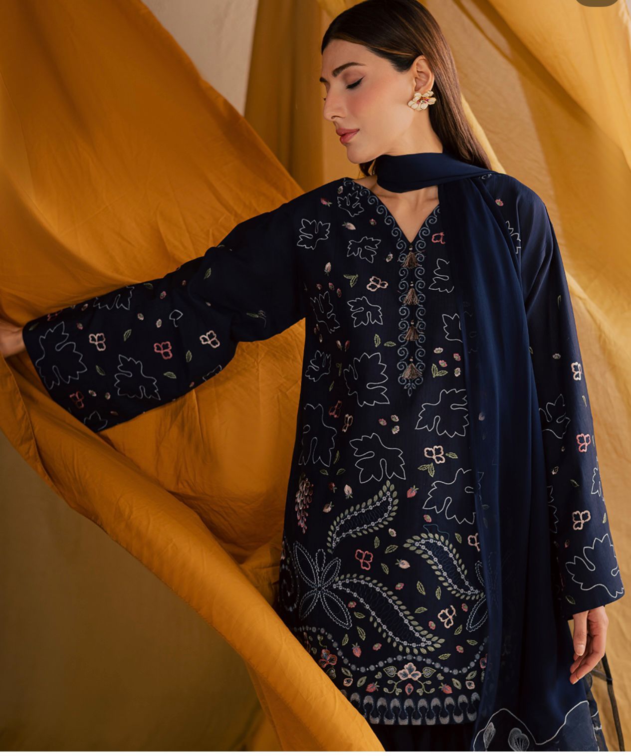 Midnight Bloom Embroidered 3-Piece Lawn Suit – Navy Blue